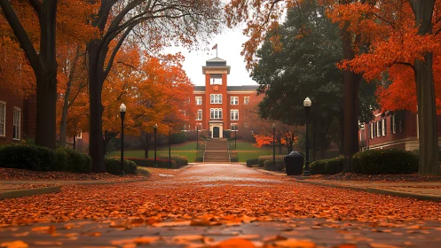 Crimson leaves escort the campus tower through quiet autumn