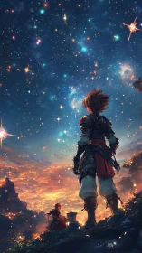 Armored adventurer surveys nebula-sky horizon in dynamic dusk lighting