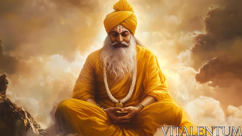 Serene elderly guru meditates in golden celestial clouds