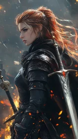 Fire-kissed warrior pauses mid-battle, steel catching stormlight