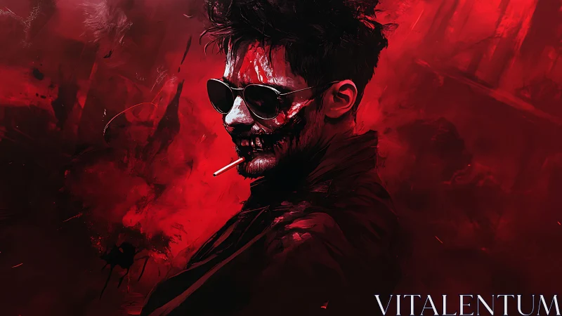 Blood-smeared man in sunglasses against red backdrop.