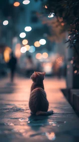 Cat observing bokeh-rendered urban street with warm amber and cool blue ambient lighting