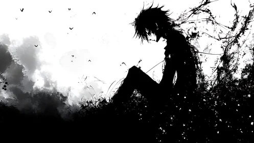 Solitary anime silhouette dissolves into abstract black foliage