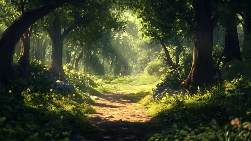 Enchanted woodland corridor breathes golden luminescence.