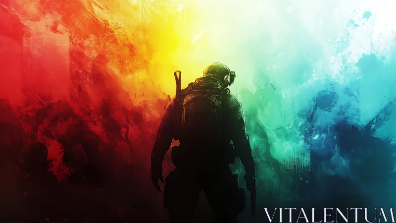Soldier silhouette stands against intense multicolor light field