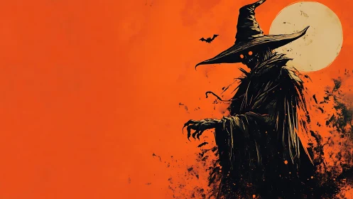 Moonlit scarecrow witch stalks across a burning harvest sky