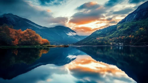 Mountain lake mirrors fiery sunset over autumn forest.