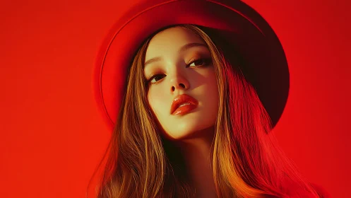 Golden-lit woman in red hat gazes upward with cinematic poise