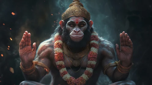 Serene simian deity in emberlit calm and garlanded grace.