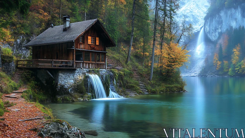 Timber cabin over waterfall-fed lake in misty autumn valley