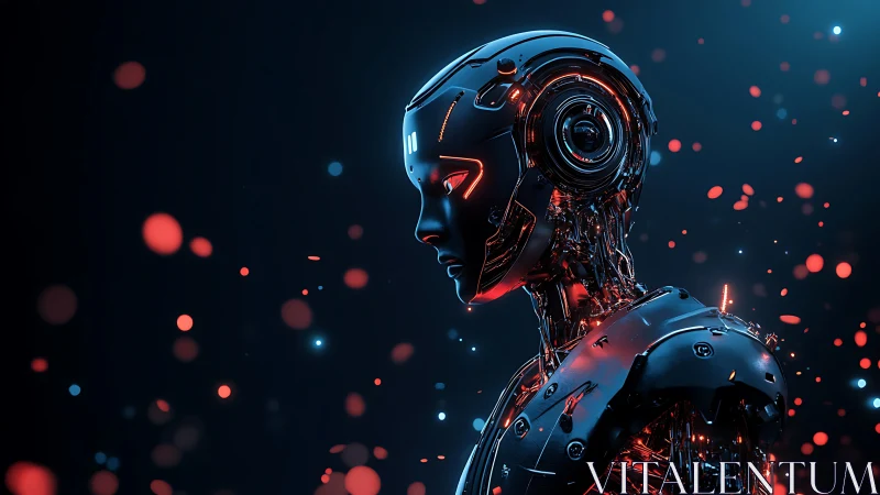 Futuristic android profile glows amid neon sparks of data