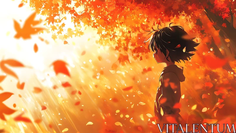 Autumn backlit anime portrait under cascading golden foliage.