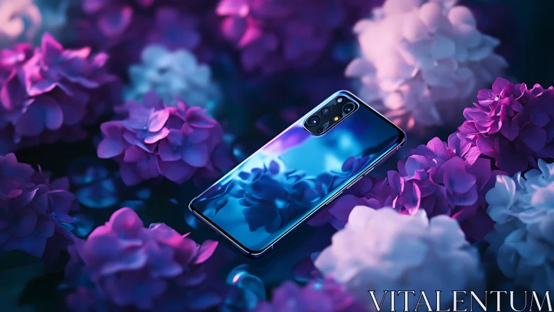 Reflective smartphone on neon flowers in glowing closeup.