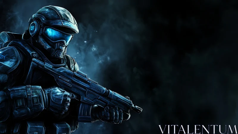 Futuristic tactical soldier with rifle in neon blue haze.