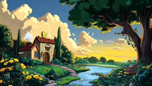 Sunny cottage garden beside winding river at sunset.