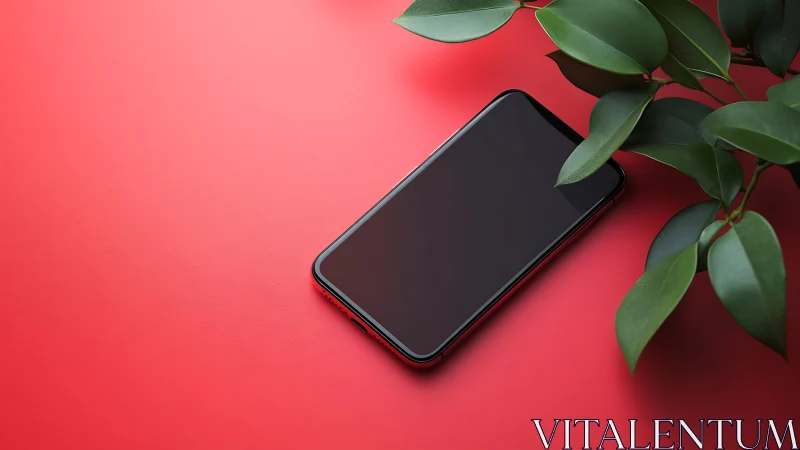 Smartphone with dark screen on coral background and green plant.