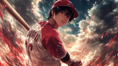 Storm-lit baseball hero ready to swing beneath blazing skies.