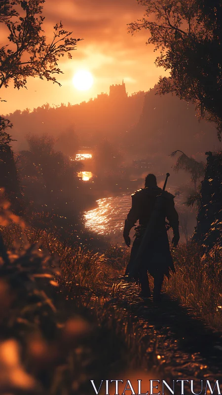 Warrior silhouette crossing sunset-lit forest river path.