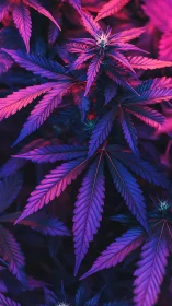 Neon-lit cannabis foliage rendered in high-saturation bicolor gradient