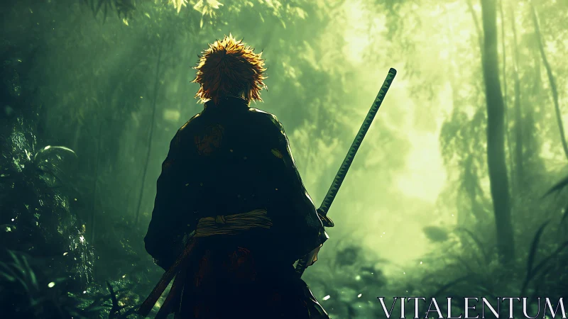 Samurai figure with sword standing in dense green forest.