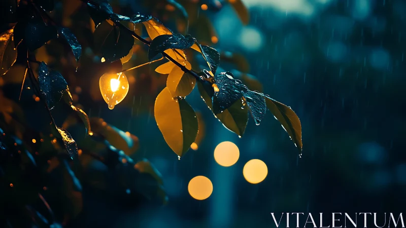 Moody bokeh rain scene with illuminated wet foliage at night.