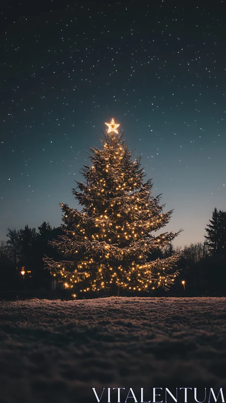 Snowy Christmas tree glows warmly beneath a starry sky