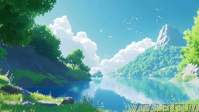 Sunlit stylized mountain lake with luminous foliage reflections.