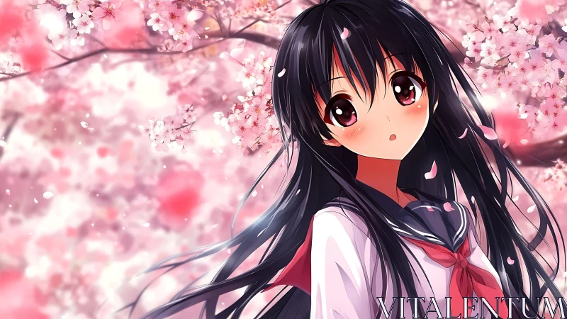 Anime schoolgirl stands under dreamy pink cherry blossoms