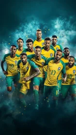 Brazil national football squad in yellow and green kits.