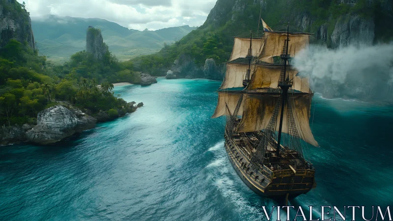 Sailing ship navigating tropical inlet with steep green cliffs.