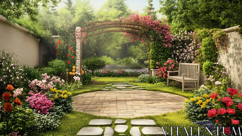 Sunlit garden hideaway with flowers, arch, and bench.