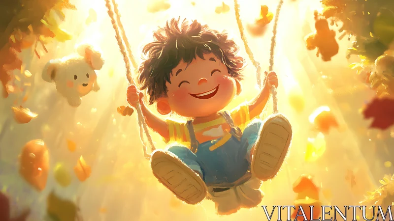 Joyful child swings through golden forest light