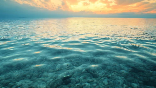 Sunlit turquoise sea ripples mirror soft pastel sunset sky