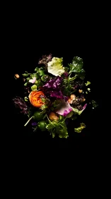 Floating gourmet salad splash in dramatic low-key light.