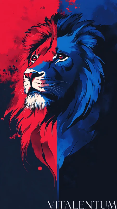 Color-split lion gazes through fire and frost in bold symmetry