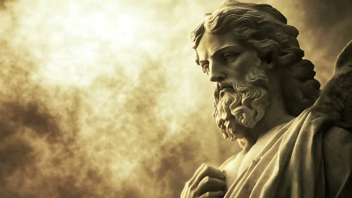 Golden-lit stone angel in contemplative quiet grace.