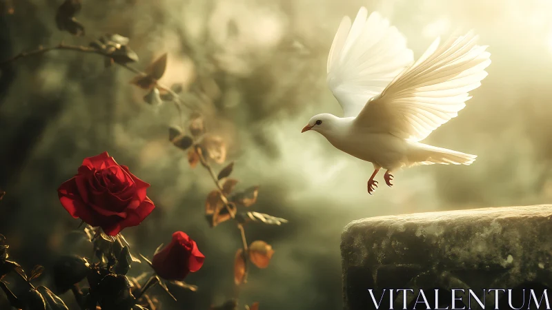Soft morning light welcomes a white dove and vivid red roses