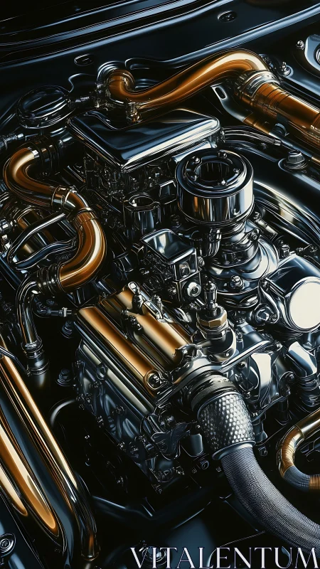Chromed performance engine gleams with sculpted copper lines.