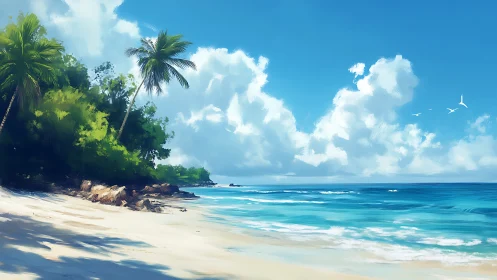 Tropical Beach With Palm Trees And Turquoise Waters.