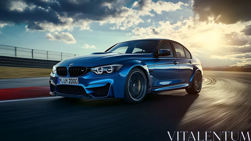 Blue BMW sports sedan powers through sunlit racetrack corner