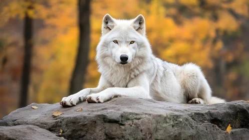 White wolf resting on rocks with soft autumn forest background.