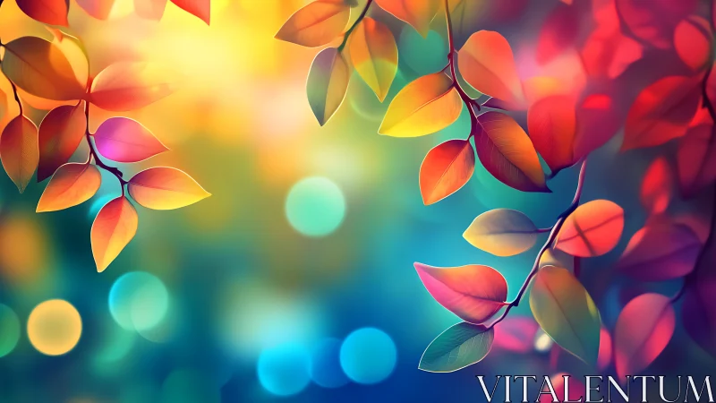 Radiant autumn leaves glow against dreamy bokeh lightscape.