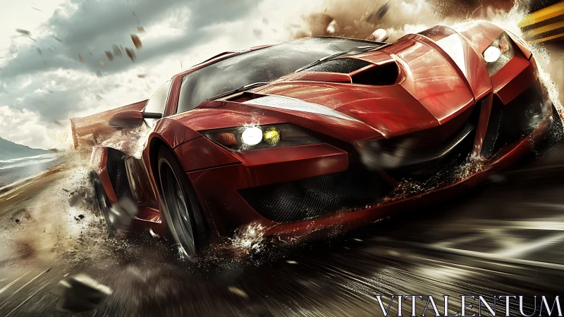 Scarlet supercar slashes through stormlit racing chaos.