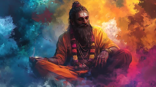 Mystic ascetic in meditative pose amid radiant color clouds.