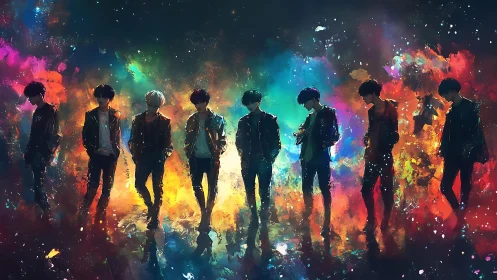 Silhouetted boy band framed by prismatic cosmic nebulae.