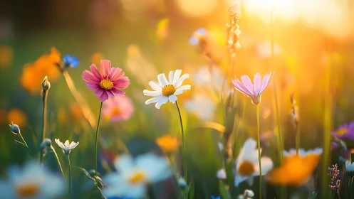 Wildflower Meadow in Golden Hour Sunlight with Selective Focus