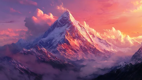 Sunlit summit rising through painted cotton clouds.