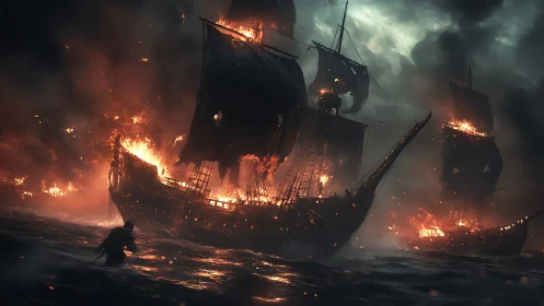 Burning pirate galleons clash amid storm-darkened seas.