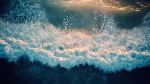 Aerial view of foamy ocean waves under warm light.