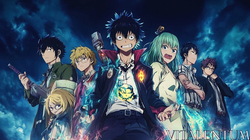 Fiery friends stand tall in a storm of glowing blue power.